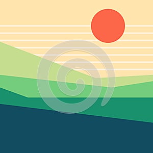 Vector illustration. Bauhaus. Mid century modern graphic. 70s retro or vintage Minimalist landscape. Abstract shapes sun and