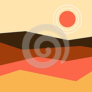Vector illustration. Bauhaus. Mid century modern graphic. 70s retro or vintage Minimalist landscape. Abstract shapes sun and