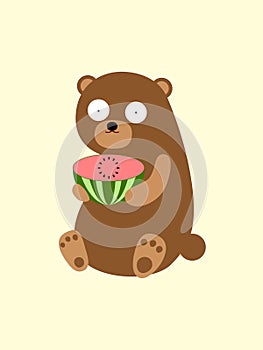 Vector Illustration: bear with watermelon in hands