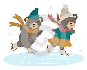 Vector illustration of bears in clothes skating on a rink. Cute woodland animals doing winter activities