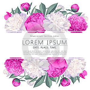 Vector illustration of a beatiful floral frame with pink peonies flowers, petals and leaves for wedding, anniversary, birthday, pa