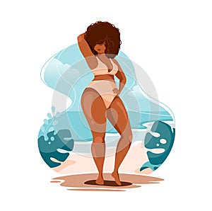 Vector illustration of a beautiful african american woman in swimsuit on a tropical beach.