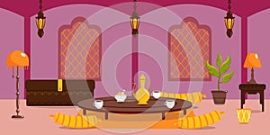 Vector illustration of beautiful arabic interior room. Cartoon interior with table, chest, curry, coffee, jug, drum