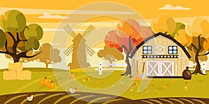 Vector illustration of beautiful autumn farm. Cartoon landscape with hay bales, chickens, mill, pumpkins, yellow trees