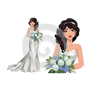 Vector illustration of beautiful bride in a beautiful white wedding gown holding bouquet in standing pose