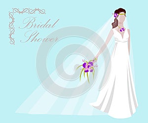 Vector illustration of a beautiful bride holding a bouquet. Bridal shower or wedding invitation template. Wedding
