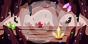 Vector illustration of beautiful cave. Cartoon cave landscape with gems, bats, stalagmites