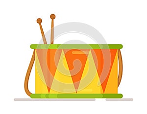 Vector illustration of a beautiful, childish, toy drum isolated on a white background.