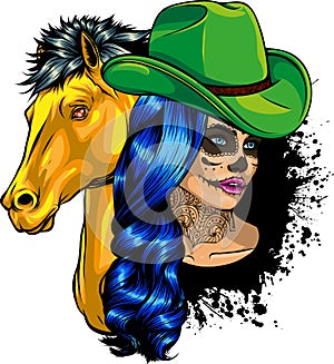 vector illustration of beautiful cowgirl wearing cowboy hat and horse head