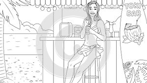 Vector illustration, beautiful cute cheerful girl drinking a cocktail on the beach