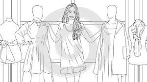 Vector illustration, beautiful cute girl in the store trying on clothes