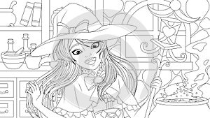 Vector illustration, beautiful cute young girl witch, conjures and has fun on the holiday