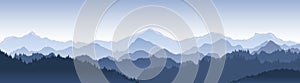 Vector illustration of beautiful dark blue mountain landscape with fog and forest. sunrise and sunset in mountains. photo