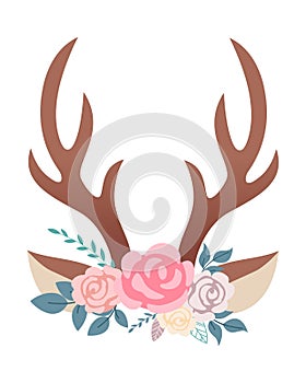 Vector illustration of beautiful deer horns with flowers. Design element for birthday cards, party invitations.