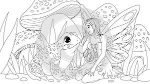 Vector illustration, a beautiful fairy stroking a frog in a meadow of flowers with mushrooms