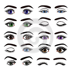 Vector illustration of beautiful female woman eyes and brows in different emotions set collection on white background. photo