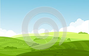 Vector illustration of beautiful fields landscape with a dawn, green hills, bright color blue sky, background in flat