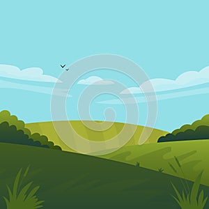 Vector illustration of beautiful fields landscape with a dawn, green hills, bright color blue sky, background in flat cartoon