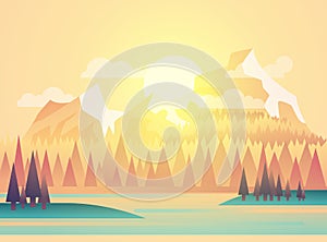 Vector illustration of beautiful fields landscape with a dawn, yellow hills, bright color sky, background in flat