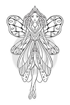 Vector illustration of a beautiful flower fairy queen for an adult coloring art therapy book