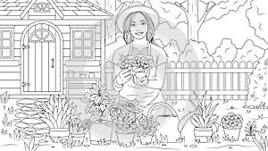 Vector illustration, beautiful girl gardener, plants flowers in the garden