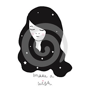 Vector illustration with a beautiful girl with a long hair make a wish