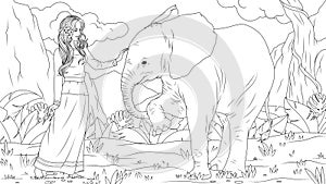 Vector illustration, beautiful girl petting a cheerful baby elephant in the park