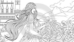 Vector illustration, beautiful girl princess, caring for flowers in the garden of the kingdom