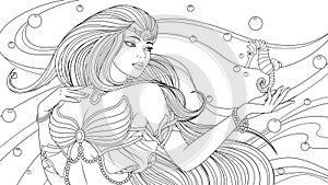 Vector illustration, beautiful girl sea princess and seahorse.