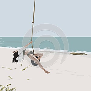 Vector illustration of the beautiful girl in swimsuit and white tshirt on a swing on the beach