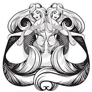 Vector illustration of beautiful mermaid with nautilus in realistic hand drawn sketch line stile.