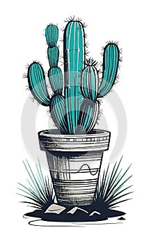 Vector illustration, Beautiful Mexican cactus on a desert background, agave bush,