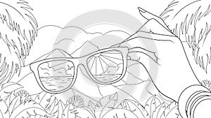 Vector illustration, beautiful mountain landscape, beach reflection in sunglasses