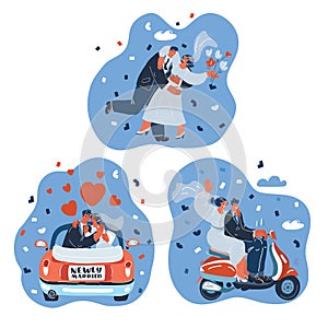 Vector illustration of Beautiful pregnant asian woman stand wedding couple dance together, ride in car or scooter. Honey