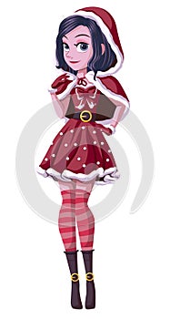 Vector illustration of beautiful purple haired woman posing in glamorous red Santa dress