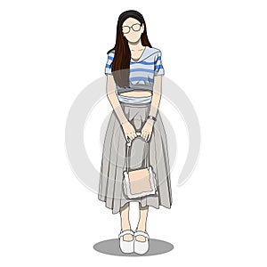 vector illustration of a beautiful slim woman standing with a tote bag.