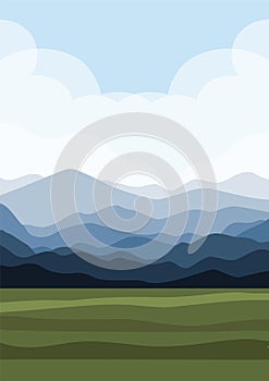 Vector illustration of beautiful summer fields landscape. Blue hills, bright color cloudy blue sky, country background.