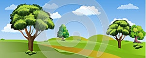 Vector illustration of beautiful summer fields landscape with a dawn, green hills