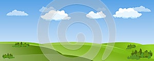 Vector illustration of beautiful summer fields landscape with a dawn, green hills, bright color blue sky