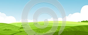 Vector illustration of beautiful summer fields landscape with a dawn, green hills, bright color blue sky, country