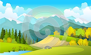 Vector illustration of beautiful summer fields landscape with a dawn, green hills, bright color blue sky, country