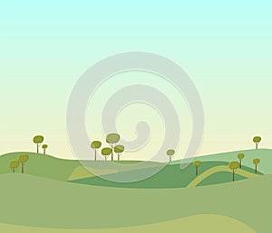 Vector illustration of beautiful summer fields landscape with a dawn, green hills, bright color blue sky, country