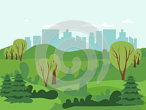 Vector illustration of beautiful summer fields landscape with a dawn, green hills, bright color blue sky, country