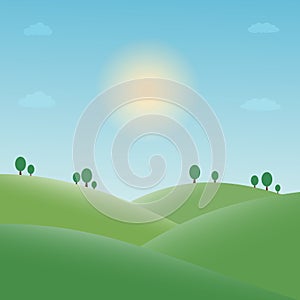 Vector illustration of beautiful summer fields landscape green hills blue sky in cartoon style