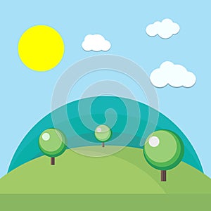 Vector illustration of beautiful summer fields landscape green hills blue sky in cartoon style