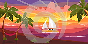 Vector illustration of beautiful summer sea coast. Cartoon beach landscape on the sunset with palm trees, hammock, sailboat