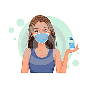 Vector illustration of beautiful teenage girl wearing mask and showing sanitizer bottle