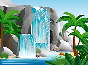 Vector illustration of beautiful waterfall in tropical jungle landscape with trees, rocks and sky. Green palm wood with