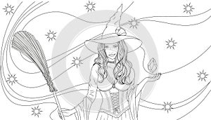 Vector illustration, beautiful witch with a broom conjures, magic night halloween,