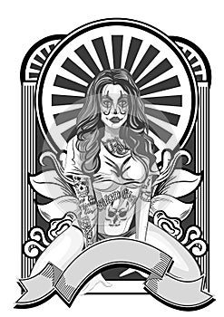 Vector illustration of a beautiful woman.Chicano tatoo style. photo
